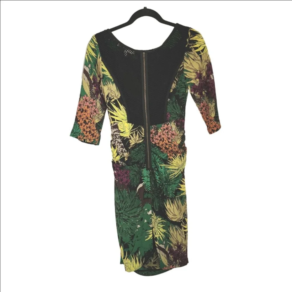 TRACY REESE Anthropologie Green Yellow Floral Silk Ruched Sheath Dress Size 4